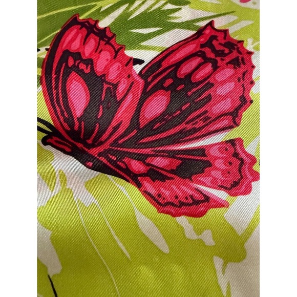 VTG 1960s MOD Bright Pink Green Long Silk Scarf Butterflies & Flower 4.25" x 66" - Picture 3 of 3